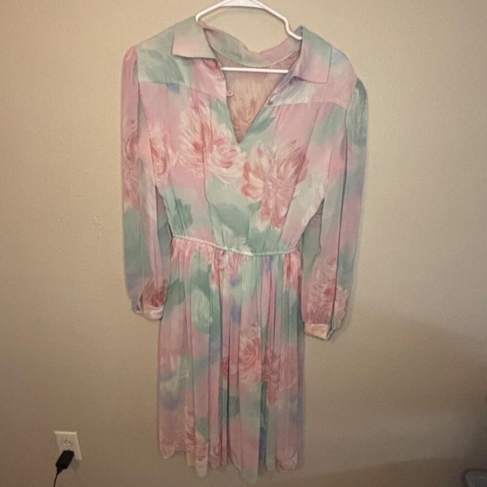 Mavinette Vintage 80s Long Sleeve Blue Pink Pastel Floral Midi Dress Size 10
